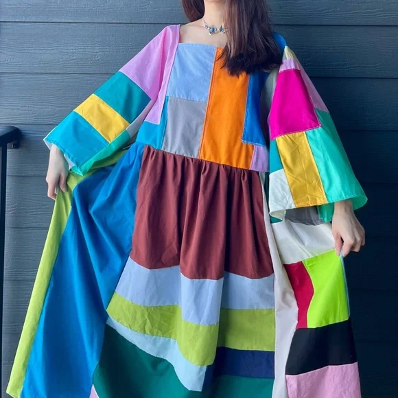 Handmade Quilted Patchwork Colorblock Dress SKU 02265 - Picture 4 of 16